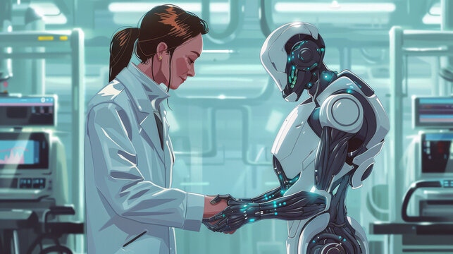 A woman is holding hands with a robot