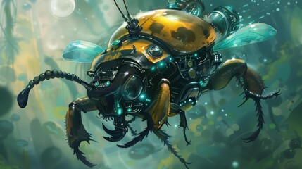 Equipped with a miniature jetpack and a helmet overflowing with blinking circuits, the dapper dung beetle buzzed confidently through the swirling vortex of a time portal