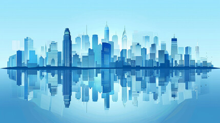 Fototapeta na wymiar A city skyline is reflected in a body of water