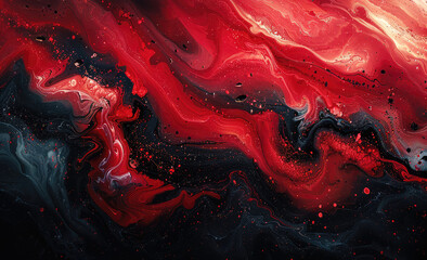 Abstract red and black swirls of liquid paint on a dark background. Created with Ai