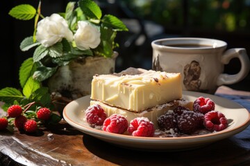 White brownie with raspberries and coffee., generative IA
