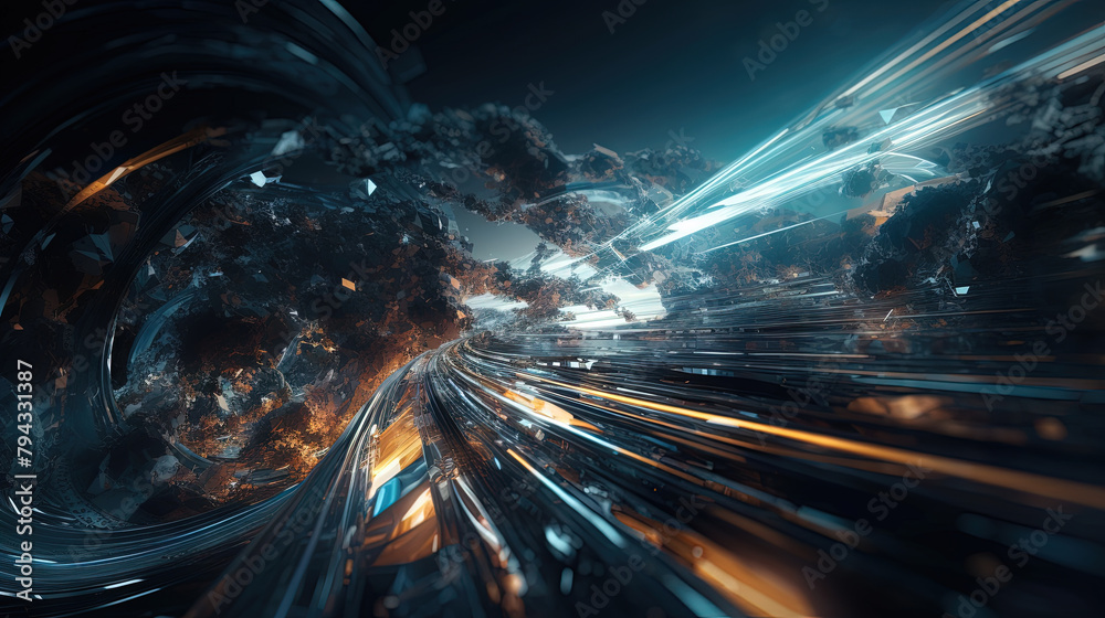 Aufkleber Abstract technology burst with glowing wires and particles in motion. Technology and science dynamic background.