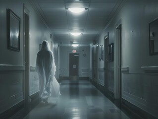 In a haunted hospital, a ghost nurse roamed the halls, using advanced spectral scanners to diagnose ethereal ailments and administer ghostly remedies - obrazy, fototapety, plakaty