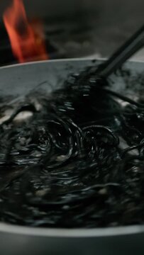 Chef Cooking Black Pasta Spaghetti Italian Squid Ink