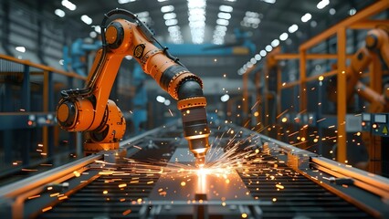 Monitoring Robotic Welding Arms in a Smart Factory with Digital Manufacturing Software. Concept Smart factories, Robotic welding arms, Digital manufacturing software, Monitoring systems - obrazy, fototapety, plakaty