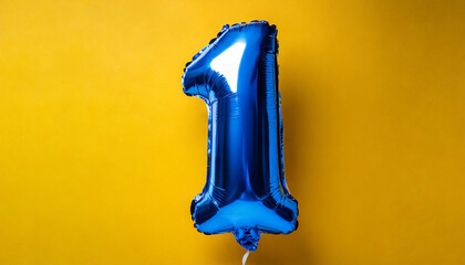 Banner with number 1 blue balloon with copy space. One year anniversary. Yellow background.