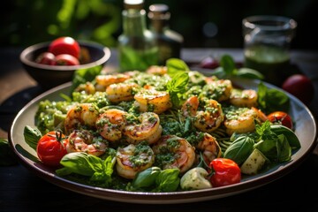 Macarrão salad with shrimp and pesto., generative IA