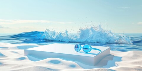 3D white podium with a blue glasses icon against a beautiful beach backdrop - Summer-themed product promotion platform
