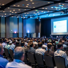 Food industry conference, keynote speaker discussing market trends, audience listening intently, spacious hall with digital screen.