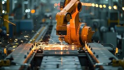 Robots in factories execute precise and efficient automated welding operations in industrial environments. Concept Robots in factories, Automated welding, Industrial operations