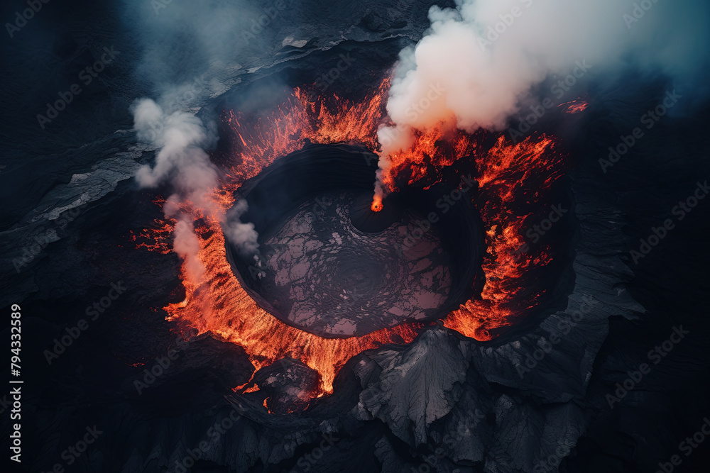 Wall mural volcano eruption from a bird view. volcano crater and magma flow shot from above. genertated ai.