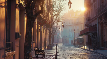 A city street with a bench and a street lamp