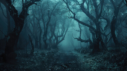 A dark forest with trees and a foggy atmosphere - obrazy, fototapety, plakaty
