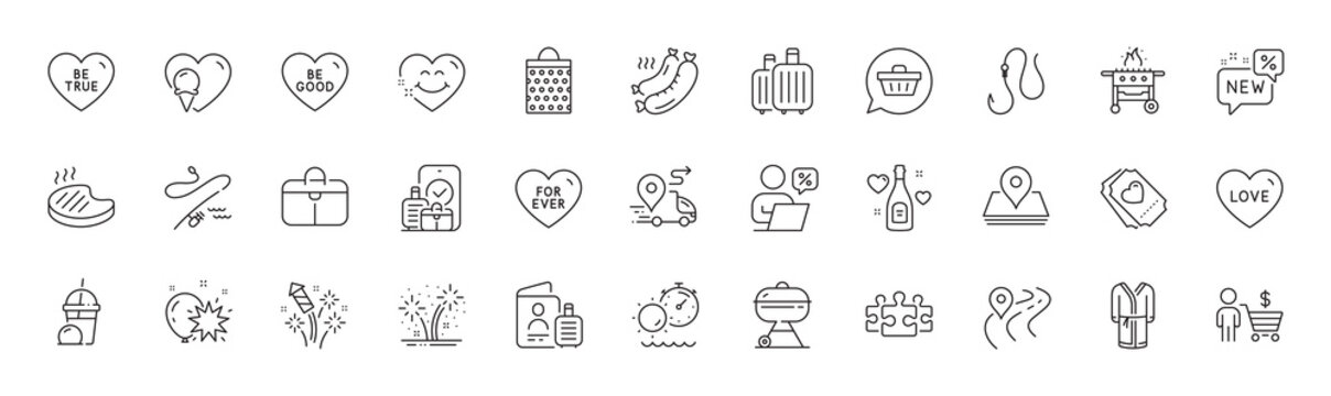Fireworks, Baggage and Bathrobe line icons. Pack of Passport, Gas grill, Love ticket icon. Ice cream, Carry-on baggage, Balloon dart pictogram. Buyer, Smile face, Shopping cart. Grill. Vector