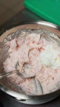 Chef Adds Stracciatella To Pink Cream Shrimp Food For Pasta Stuffing
