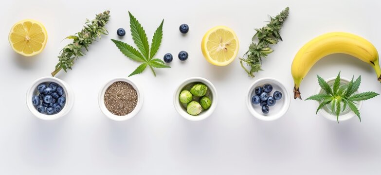 A shot of four cannabis plants in a white pot with cannabid seeds, cannabis buds, banana, blueberry, lemon and pepper on a white background with copy space, in a flat lay. A banner template for produc
