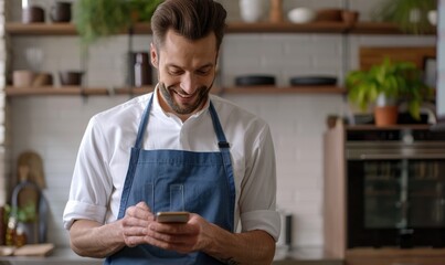 A handsome smiling man holding a cell phone in his hand standing in his kitchen