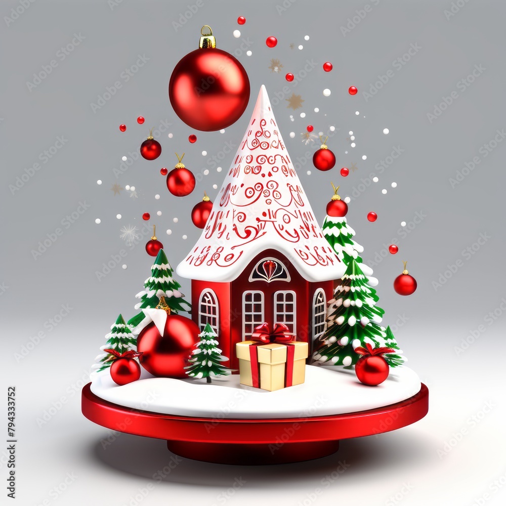 Wall mural 3d rendering of christmas tree and house on a red gold background