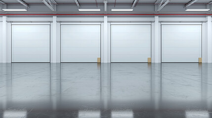 A large, empty warehouse with four large doors
