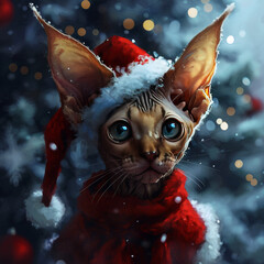 Sphynx Cat in Santa Hat and Scarf at Christmas

