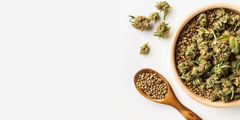 A shot of cannabis buds and cannabis seeds on a white background with copy space, in a flat lay. A banner template for product presentation or advertising design concept of natural organic food, banne - obrazy, fototapety, plakaty
