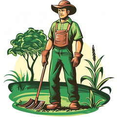 Farmer with Rake Standing in Field Illustration

