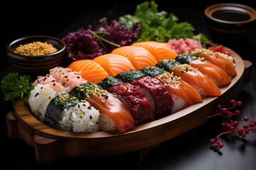 Dish of fresh sushi and colorful sashimi., generative IA