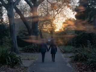 A couple walking down a path in a park. The man is holding the woman's hand. The sun is setting in the background
