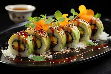 Colorful and appetizing roll sushi with cucumber, avocado and mango., generative IA