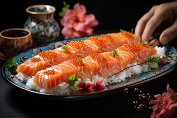 Delicate hand holds sushi with hashis., generative IA