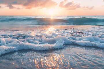 A tranquil beach scene at sunset with gentle waves and reflective wet sand.