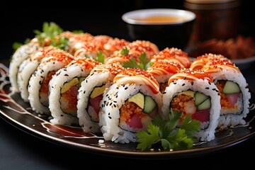 Close-up of sushi perfectly prepared to serve., generative IA