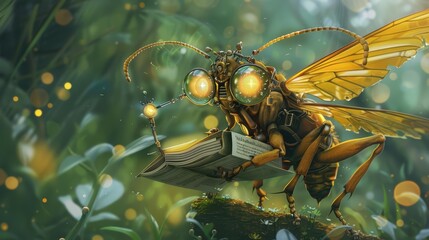 The bespectacled firefly, clutching a microscopic scroll filled with historical dates, meticulously calibrated the settings on his temporal displacement device - obrazy, fototapety, plakaty