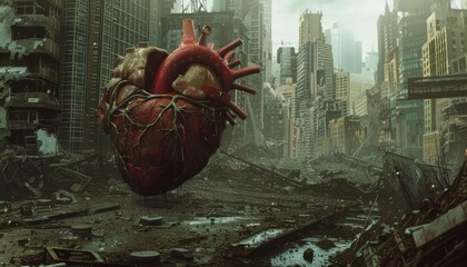 The cyberzombies heart was a hard drive, rhythmically ticking as it wandered through the wasteland of a once vibrant metropolis - obrazy, fototapety, plakaty