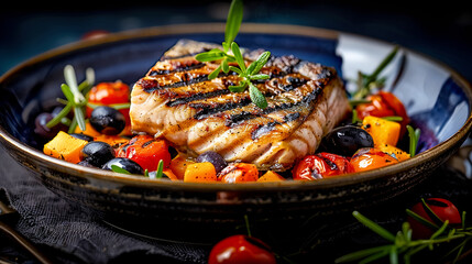 Pacific northwest grilled salmon. Salmon steak and grilled vegetables in a bowl.