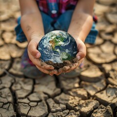 Child holding the earth in hands, background of dried cracked soil, symbolizing the urgency of addressing global warming.