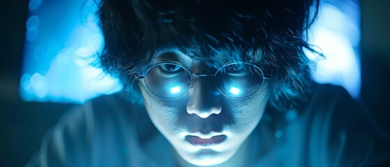 In a dimly lit room, a young Asian male programmer with dark hair codes intensely on triple monitors, lines reflected on glasses