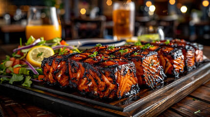 Pacific northwest grilled salmon with sauce on a wooden board in a restaurant - obrazy, fototapety, plakaty