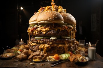 Giant hamburger surrounded by hungry diners., generative IA
