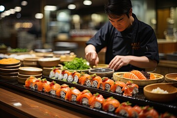 Sushi bar moved with happy clients., generative IA