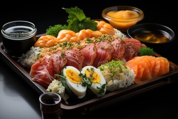 Sushi box with Tempura and Missoshiru, an explosion of colors and flavors., generative IA