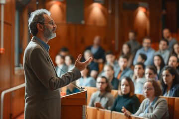 Fototapeta premium Professor teaching at the university, under the watchful eye of his students