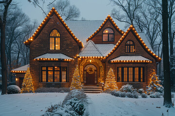 A large twostory house with lights wrapped around the windows, decorated for Christmas in winter. Created with Ai