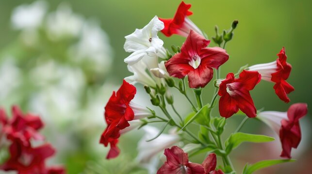 Nicotiana Alata Red and White Blossom in Close-up. Botanical Background of Flora with Herbal Garden