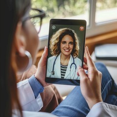Fototapeta premium Woman Holding Tablet With Picture of Doctor