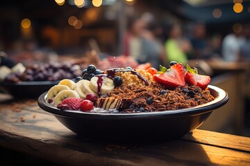 Fresh acai bowl in outdoor market., generative IA