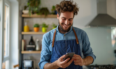 A handsome smiling man holding a cell phone in his hand standing in his kitchen
