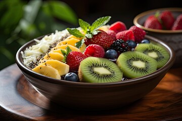Acai tropical bowl with vibrant fruits., generative IA