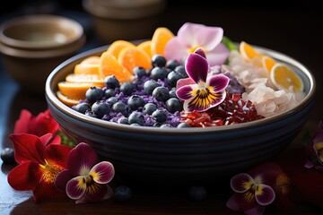 Acai bowl decorated with edible flowers., generative IA