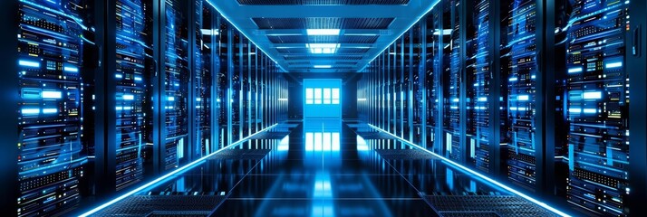 Wideangle view of a hightech server room with rows of servers and blue LED lights, reflecting the concept of big data storage and cloud computing - obrazy, fototapety, plakaty